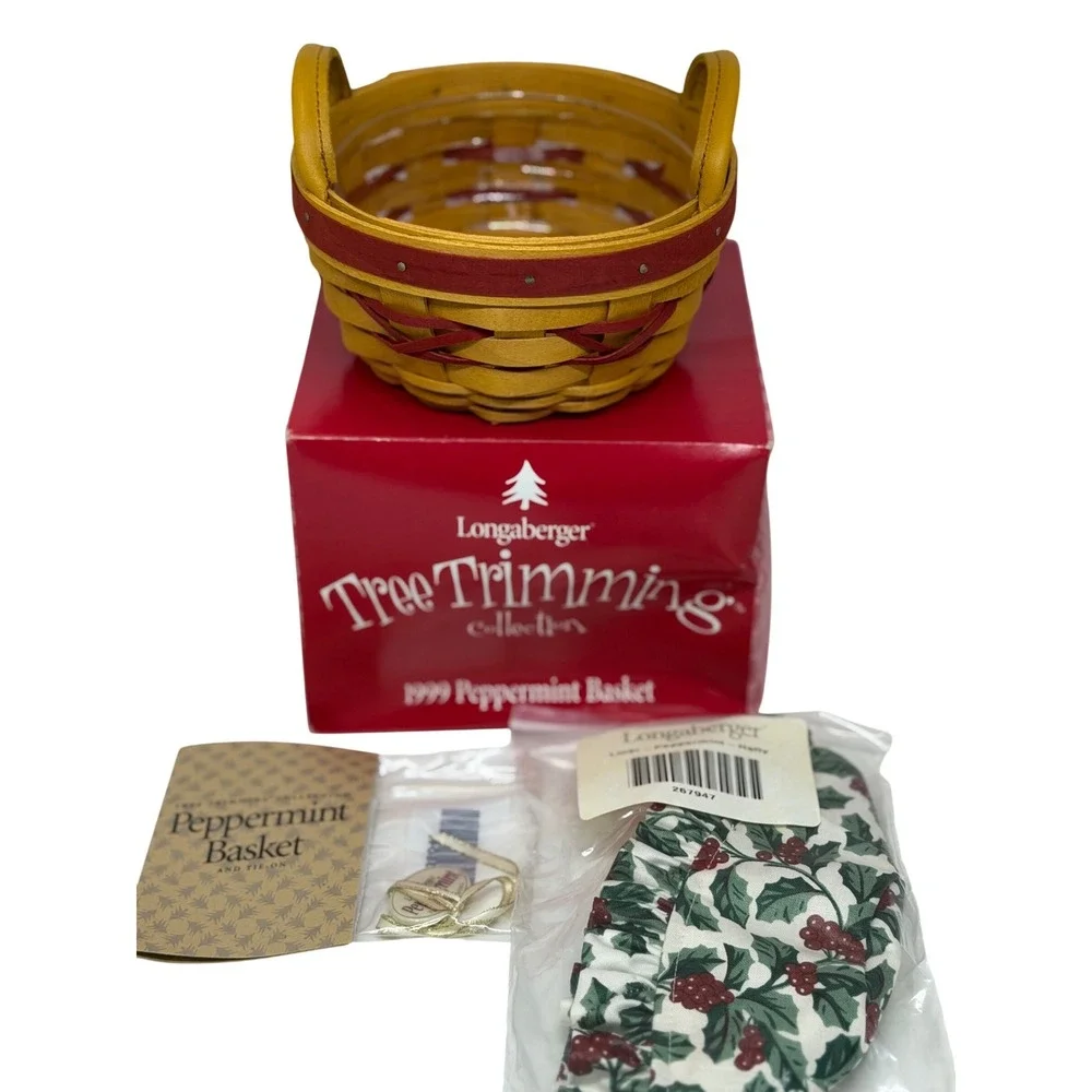 VTG Longaberger Peppermint Basket Red Yellow Tree Trimming 1999 Christmas Holida